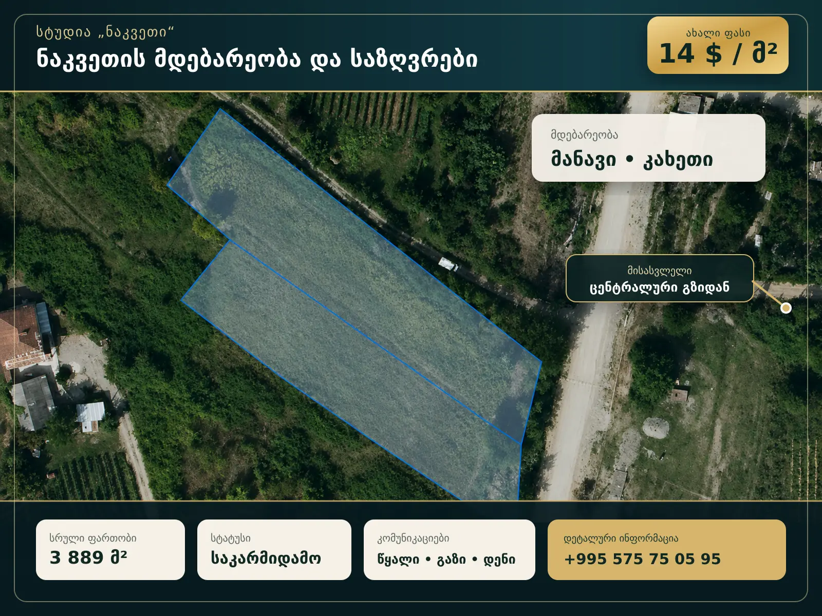 მანავის 3 889 მ² მიწის ნაკვეთის საკადასტრო საზღვრები და მისასვლელი გზა